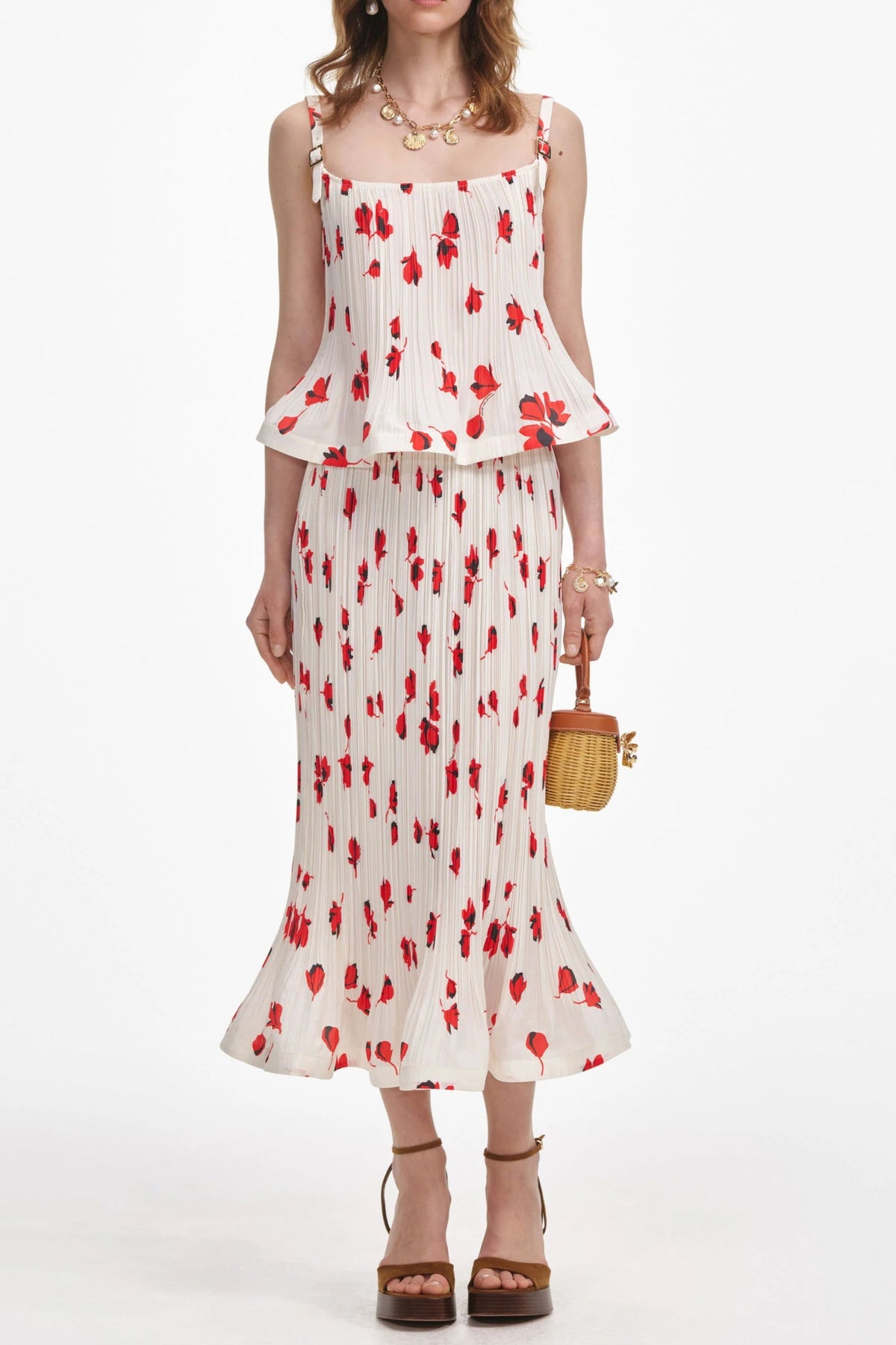 White Floral Plisse Midi Skirt Regular