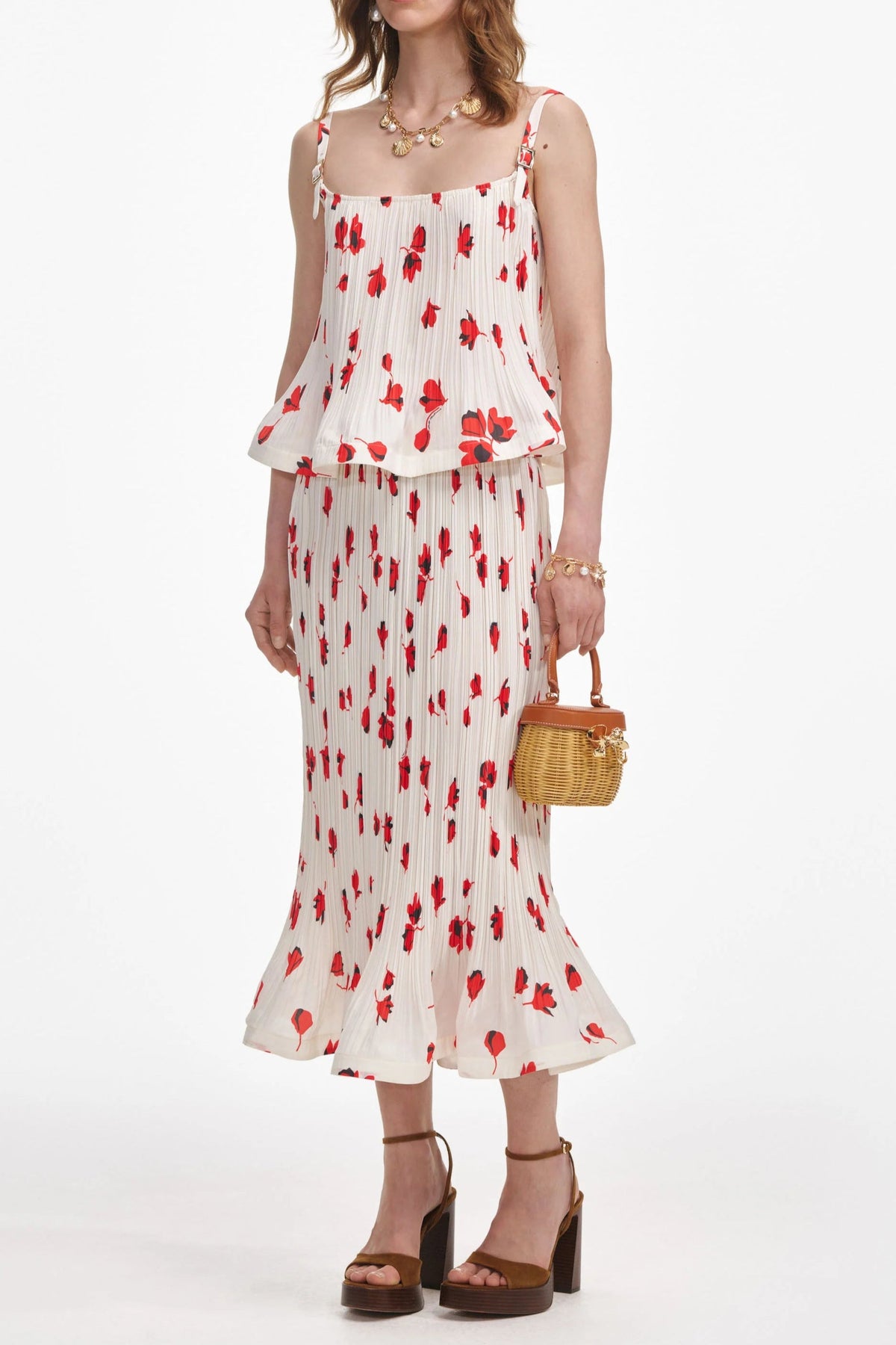 White Floral Plisse Midi Skirt Regular