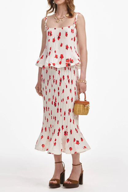 White Floral Plisse Midi Skirt Regular