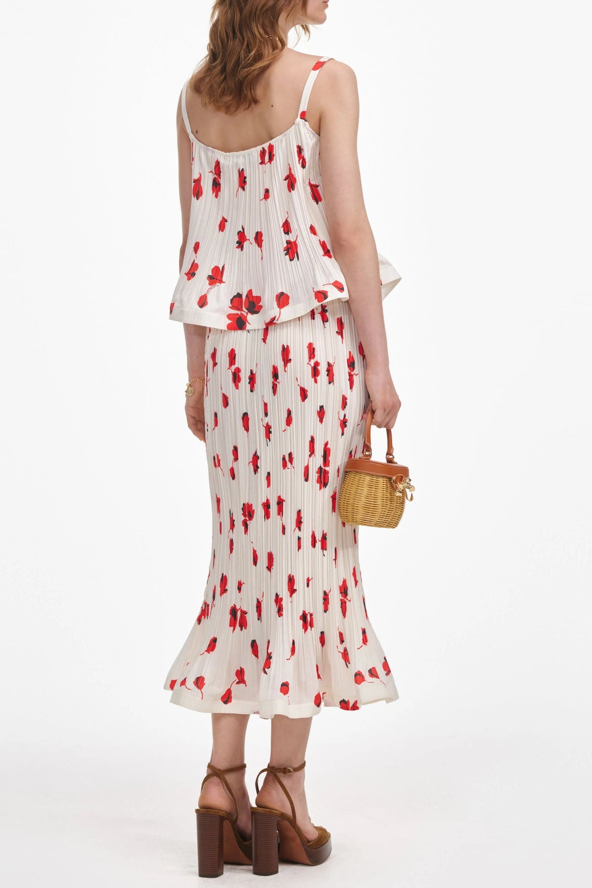 White Floral Plisse Midi Skirt Regular