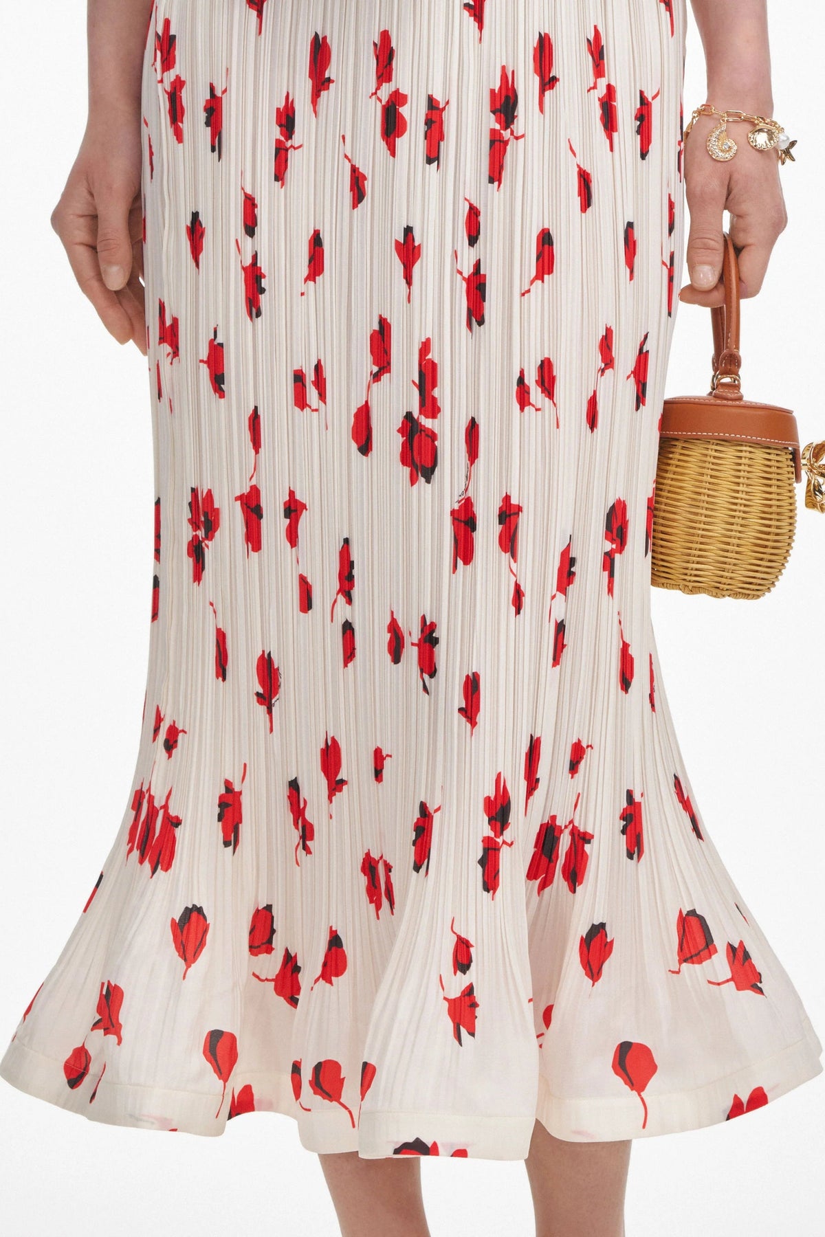 White Floral Plisse Midi Skirt Regular