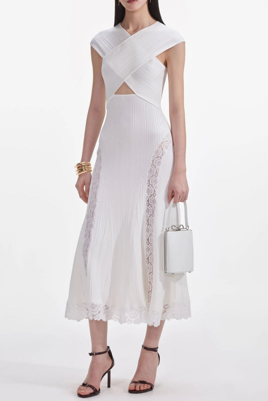 White Knit Lace Insert Midi Dress