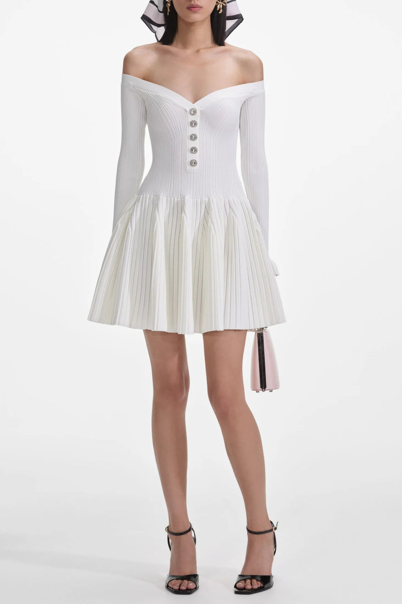 White Ribbed Knit Mini Dress