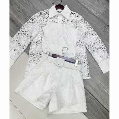 hollow cut lace shirt shorts two pieces set in white