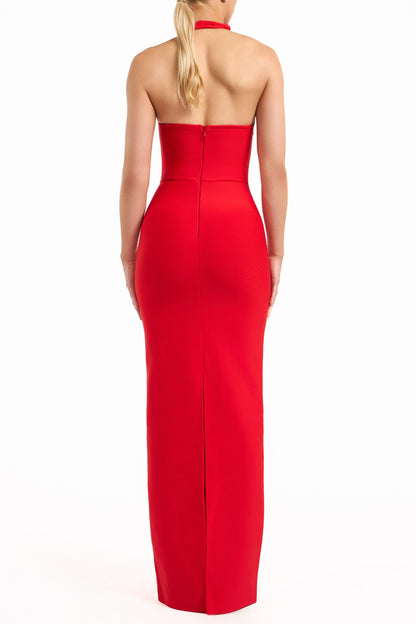 lara cutout backless Halter bandage maxi dress in red