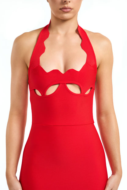 lara cutout backless Halter bandage maxi dress in red
