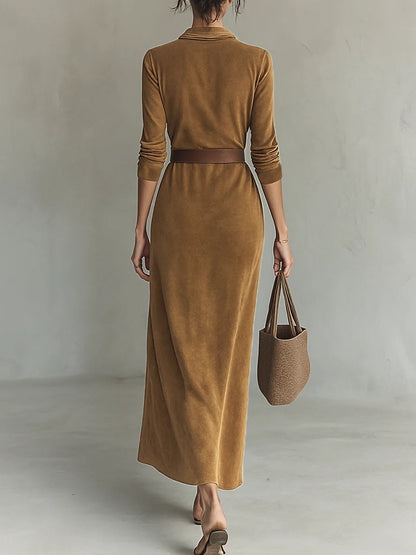 Suede Single-breasted Lapel Maxi Dress