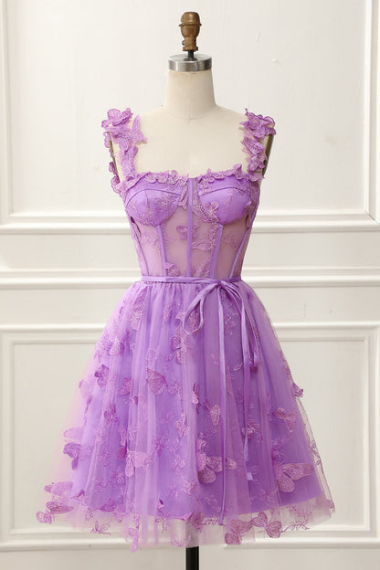 Purple A-Line Corset Homecoming Dress with Butterflies