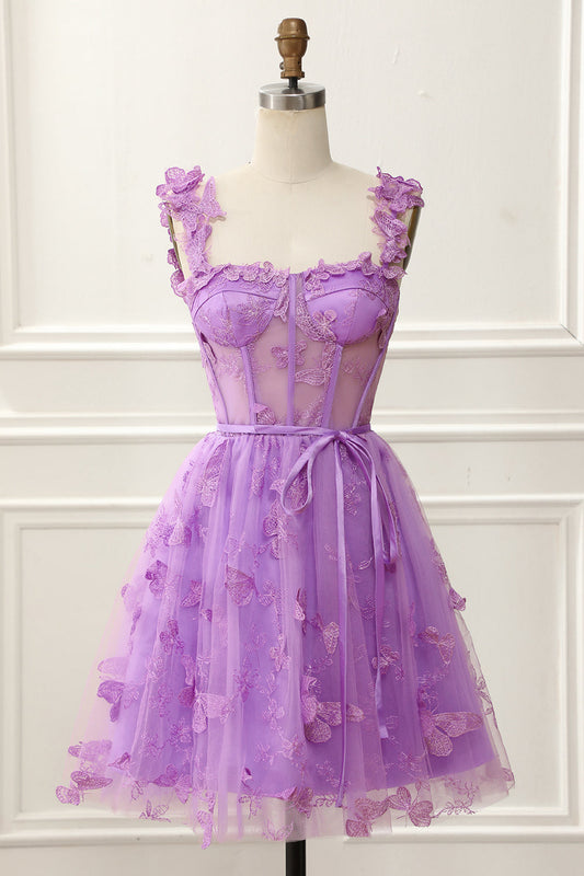 Purple A-Line Corset Homecoming Dress with Butterflies