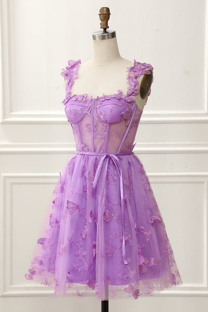 Purple A-Line Corset Homecoming Dress with Butterflies