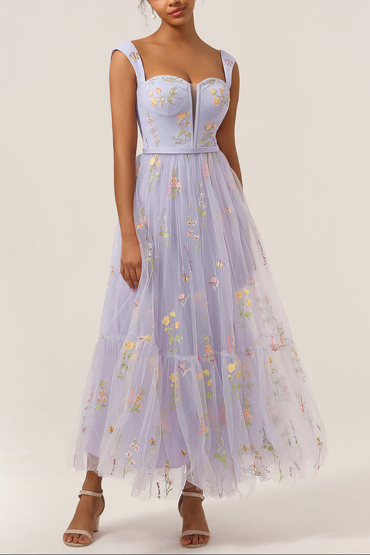 Princess A Line Sweetheart Light Purple Long Prom Dress with Embroidery