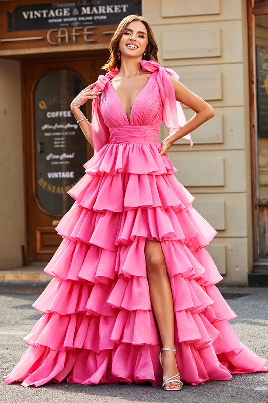 Princess A-Line V-Neck Tiered Prom Dress With Slit