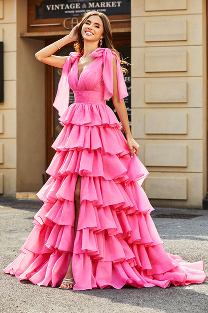 Princess A-Line V-Neck Tiered Prom Dress With Slit