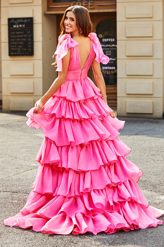 Princess A-Line V-Neck Tiered Prom Dress With Slit