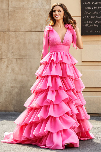 Princess A-Line V-Neck Tiered Prom Dress With Slit