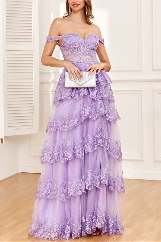 Off the Shoulder Purple Corset Prom Dress with Slit