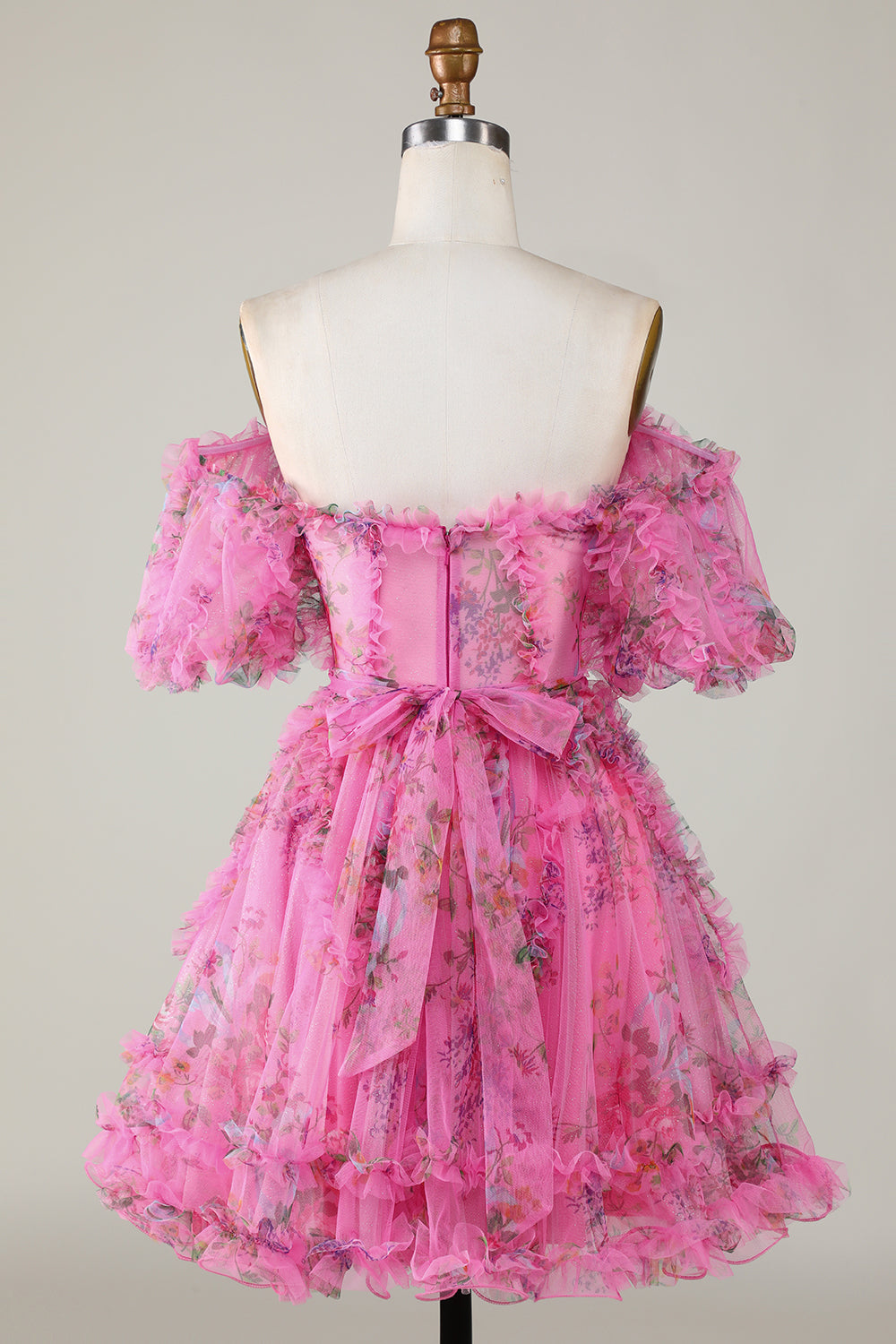 A Line Off Shoulder Fuchsia Tulle Short Homecoming Dress with Short Sleeves