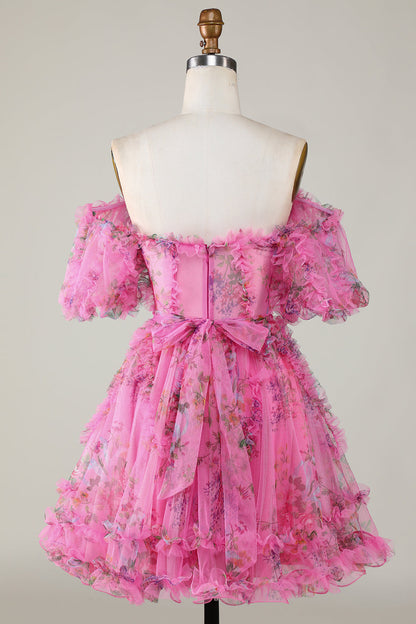 A Line Off Shoulder Fuchsia Tulle Short Homecoming Dress with Short Sleeves