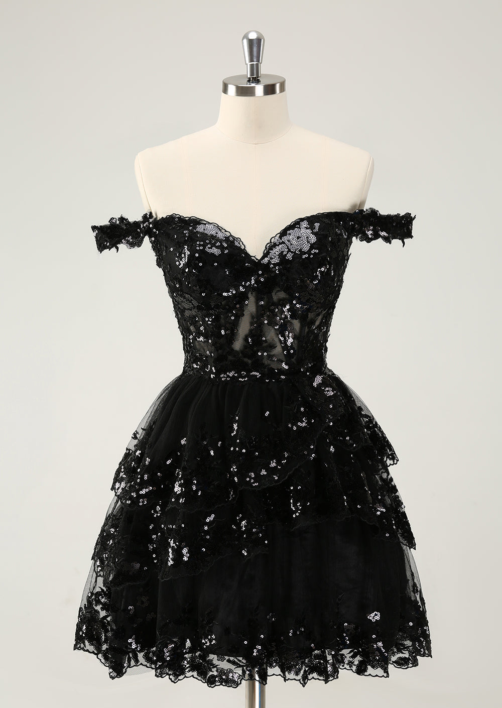 Sparkly Red A Line Off The Shoulder Corset Tiered Lace Short Homecoming Dress