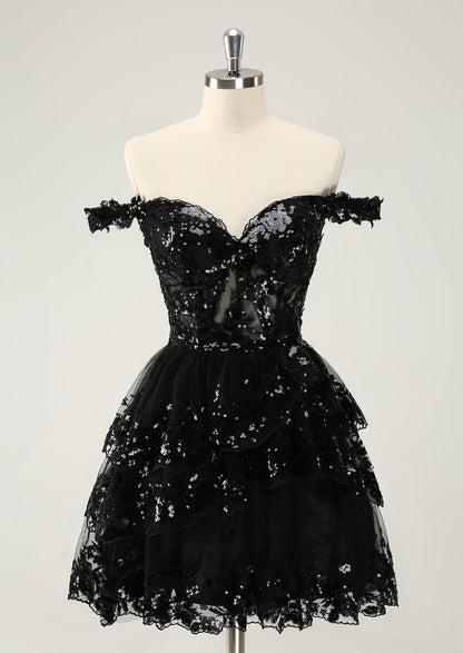 Sparkly Red A Line Off The Shoulder Corset Tiered Lace Short Homecoming Dress