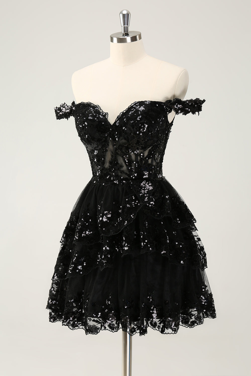 Sparkly Red A Line Off The Shoulder Corset Tiered Lace Short Homecoming Dress