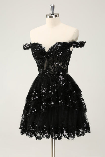 Sparkly Red A Line Off The Shoulder Corset Tiered Lace Short Homecoming Dress