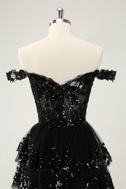 Sparkly Red A Line Off The Shoulder Corset Tiered Lace Short Homecoming Dress
