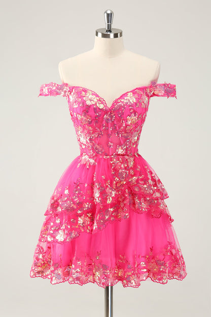 Sparkly Red A Line Off The Shoulder Corset Tiered Lace Short Homecoming Dress