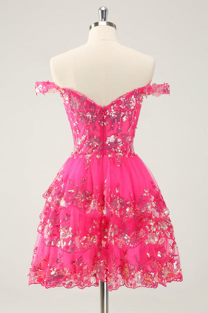 Sparkly Red A Line Off The Shoulder Corset Tiered Lace Short Homecoming Dress
