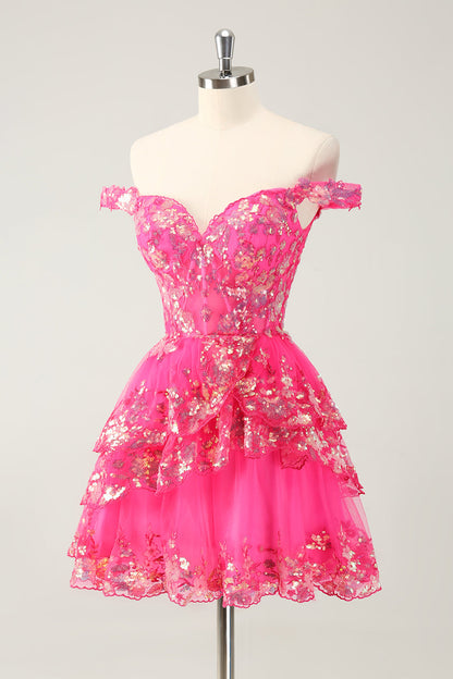 Sparkly Red A Line Off The Shoulder Corset Tiered Lace Short Homecoming Dress