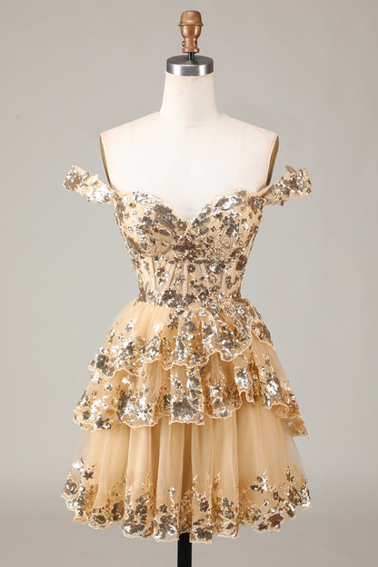 Sparkly Red A Line Off The Shoulder Corset Tiered Lace Short Homecoming Dress