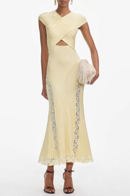 Yellow Knit Lace Insert Midi Dress