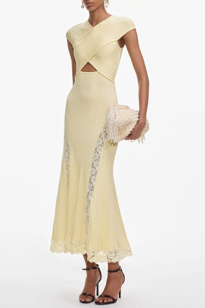Yellow Knit Lace Insert Midi Dress
