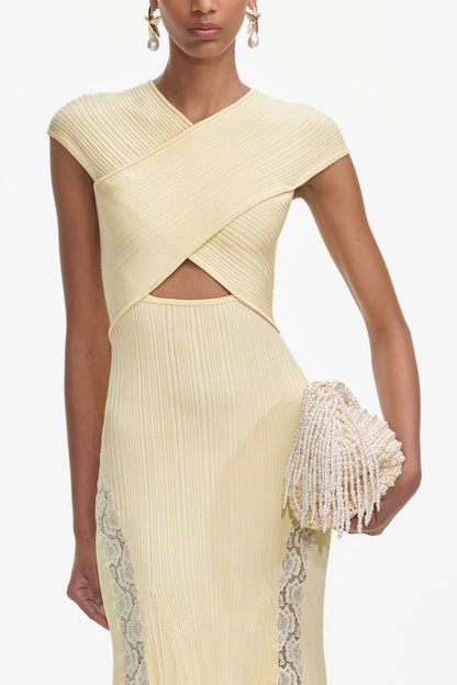Yellow Knit Lace Insert Midi Dress