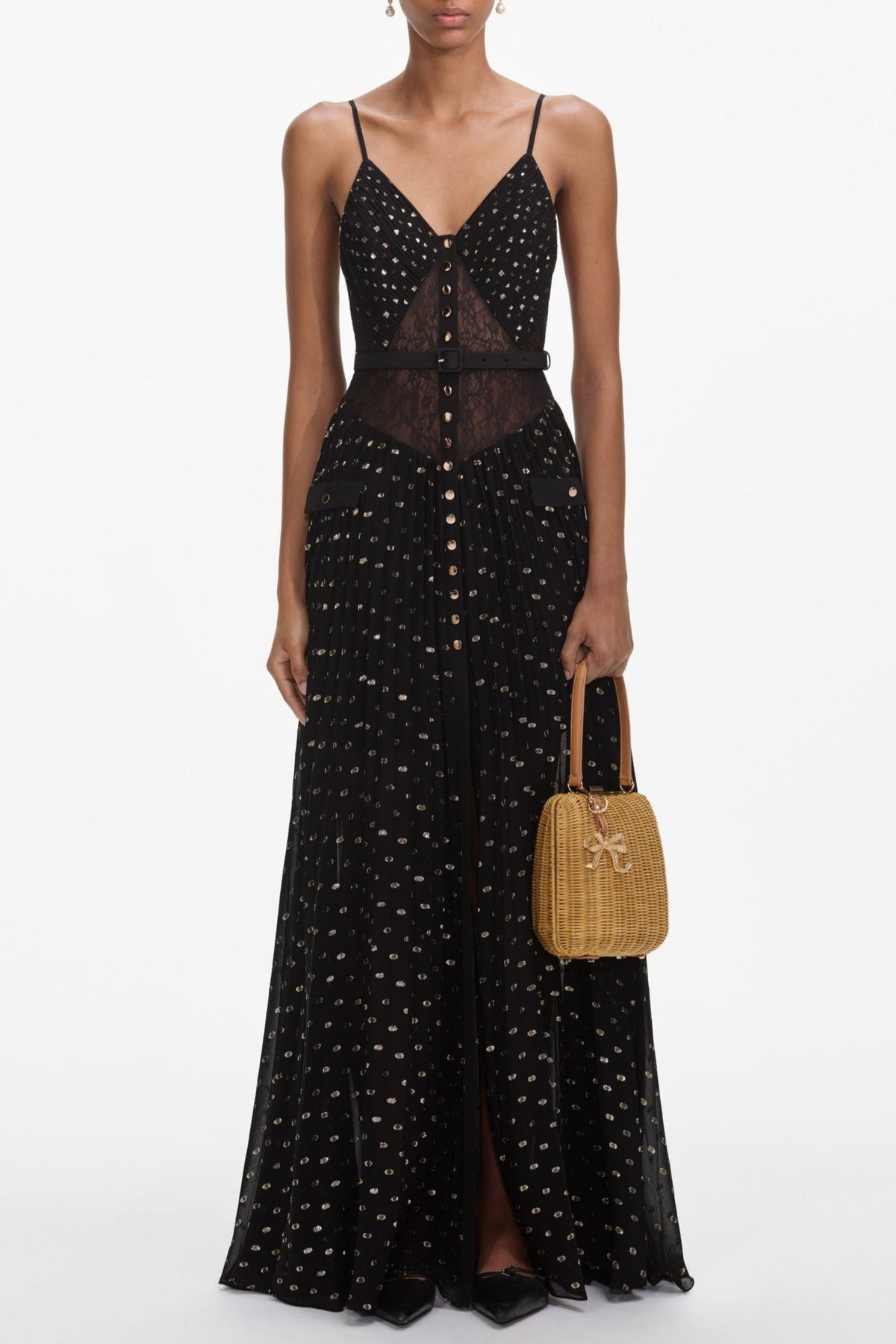 Lace Dot Belted Pleated Maxi Dress