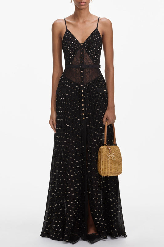 Lace Dot Belted Pleated Maxi Dress