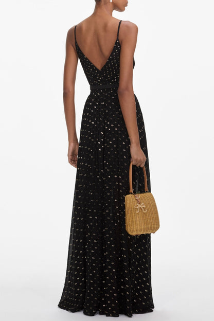 Lace Dot Belted Pleated Maxi Dress