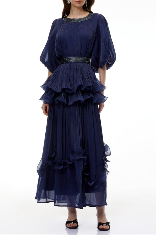 lorraine navy Blue Embellished Pleated Maxi Dress