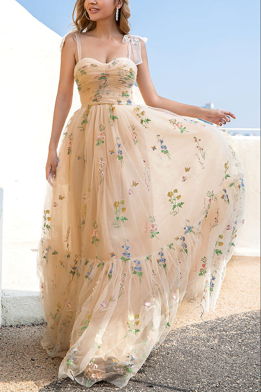 A Line Spaghetti Straps Champagne Prom Dress with Appliques