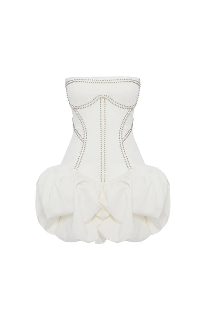 regina strapless puffy mini dress in off-white