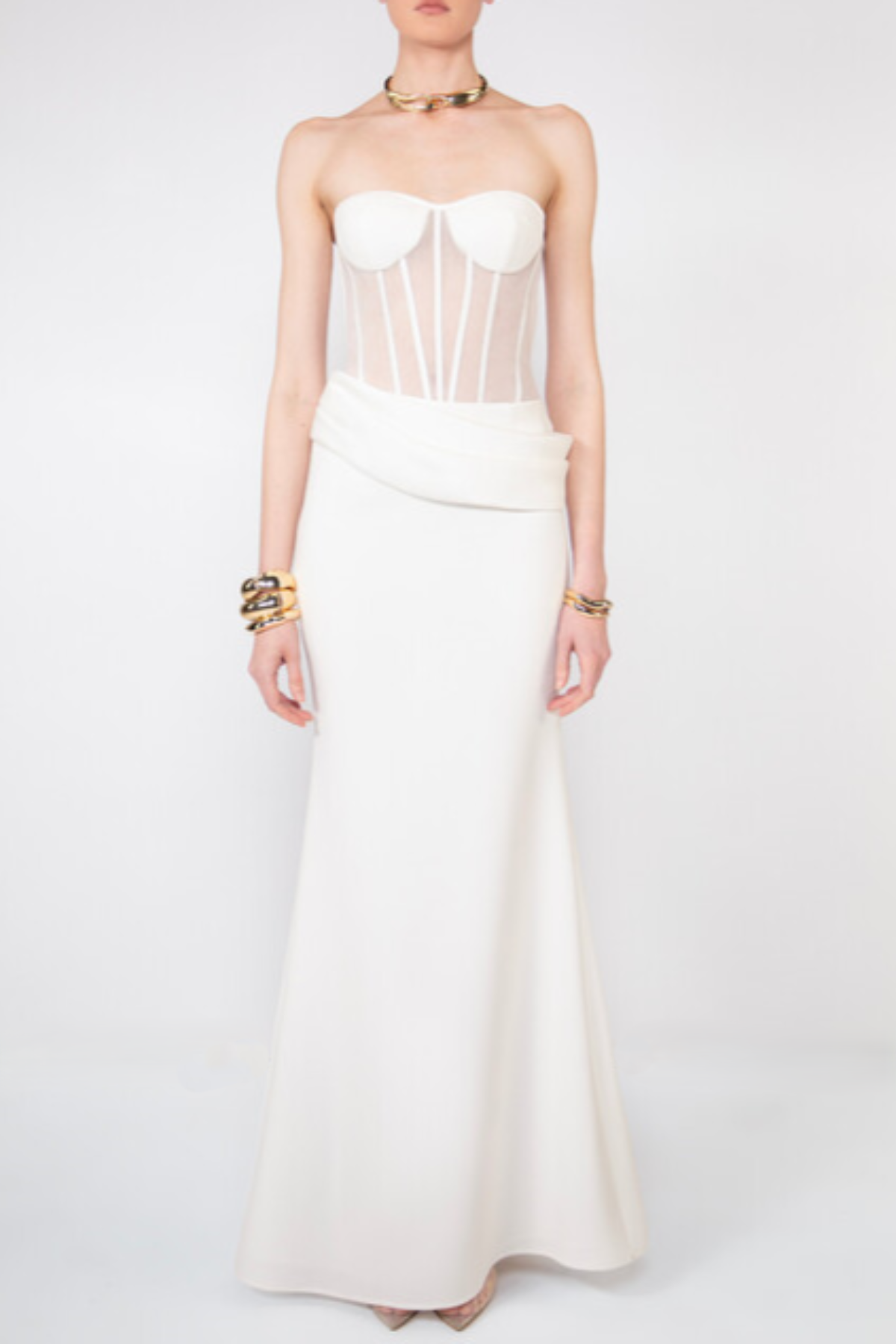 priscilla Strapless Veiled Corset Maxi Dress in white