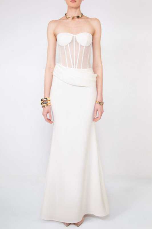 priscilla Strapless Veiled Corset Maxi Dress in white
