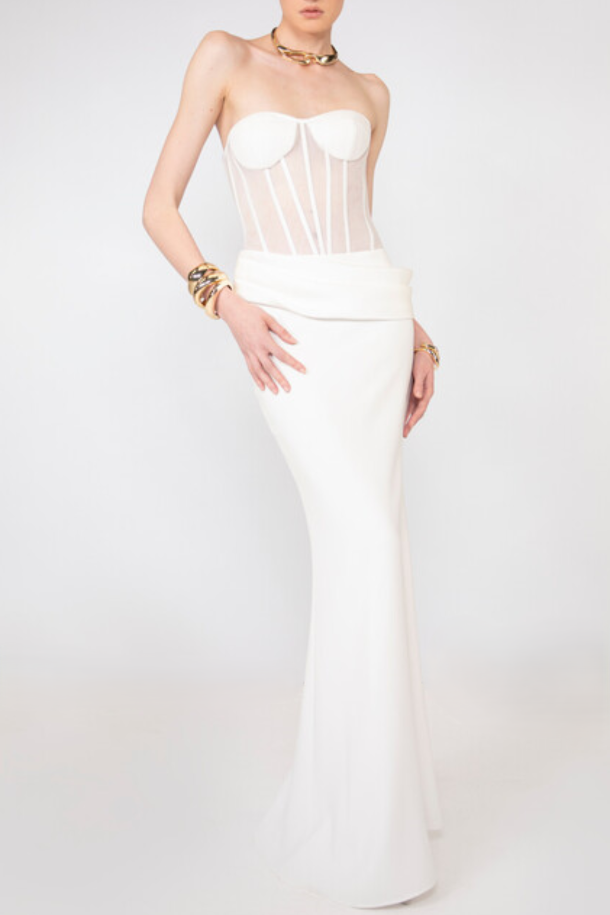 priscilla Strapless Veiled Corset Maxi Dress in white