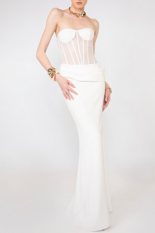 priscilla Strapless Veiled Corset Maxi Dress in white