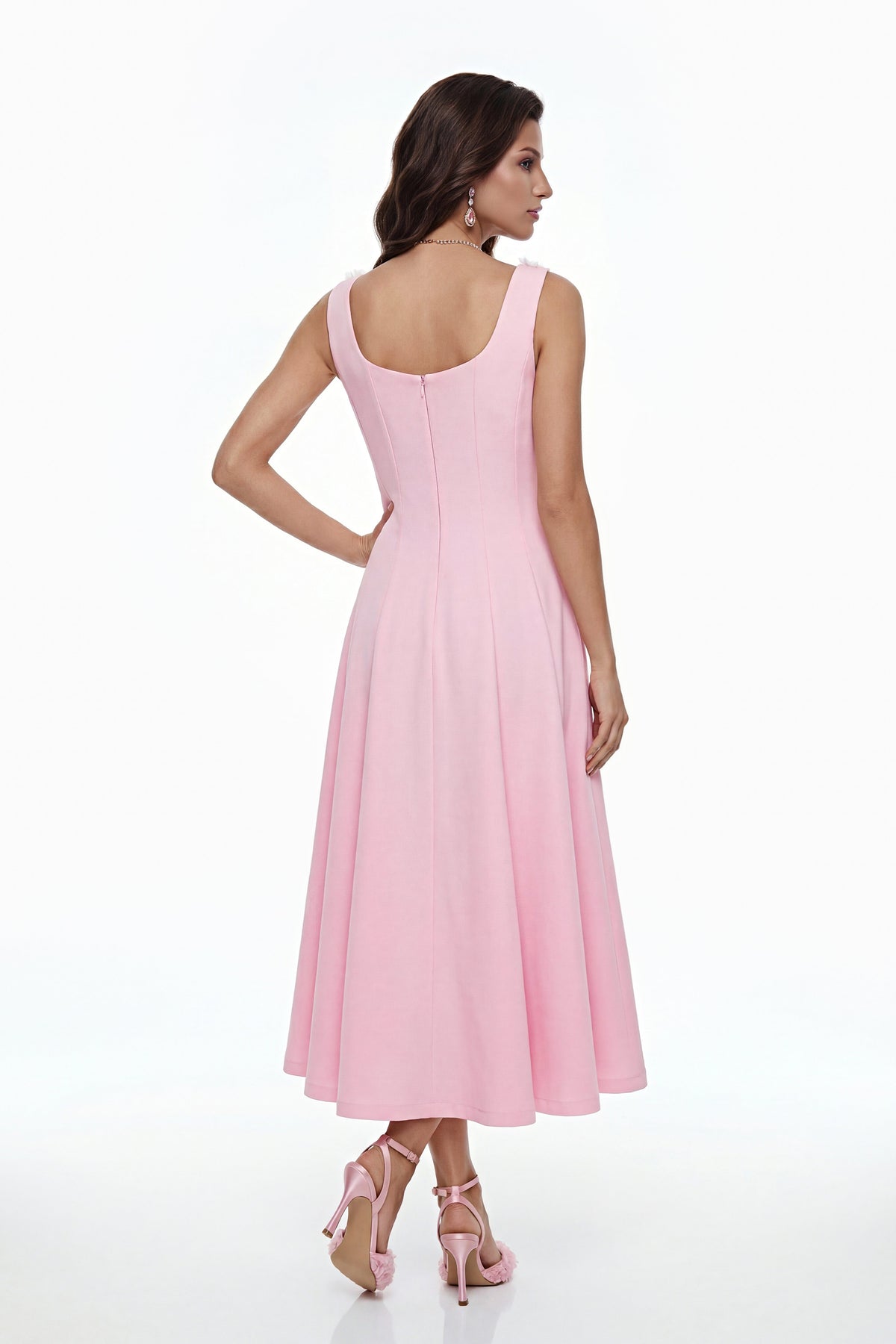 adora 3D Petals Pleated Midi Dress in pink