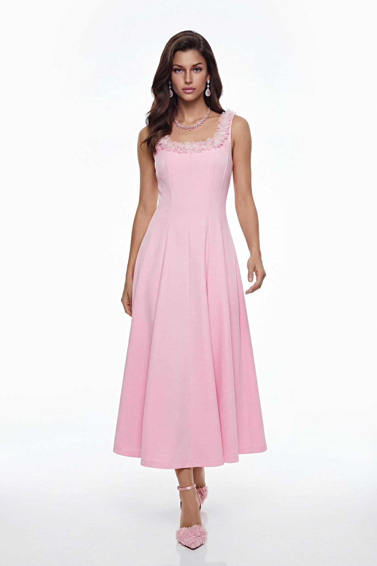 adora 3D Petals Pleated Midi Dress in pink