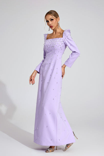 lynn Square neck beaded rhinestone maxi dress - purple