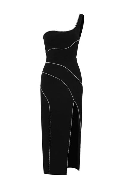Zoraida Diamante One Shoulder Split Midi Bandage Dress