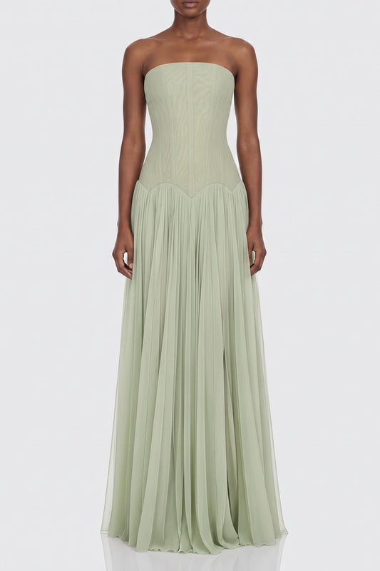 Strapless Corset Pleated Chiffon Maxi Gown