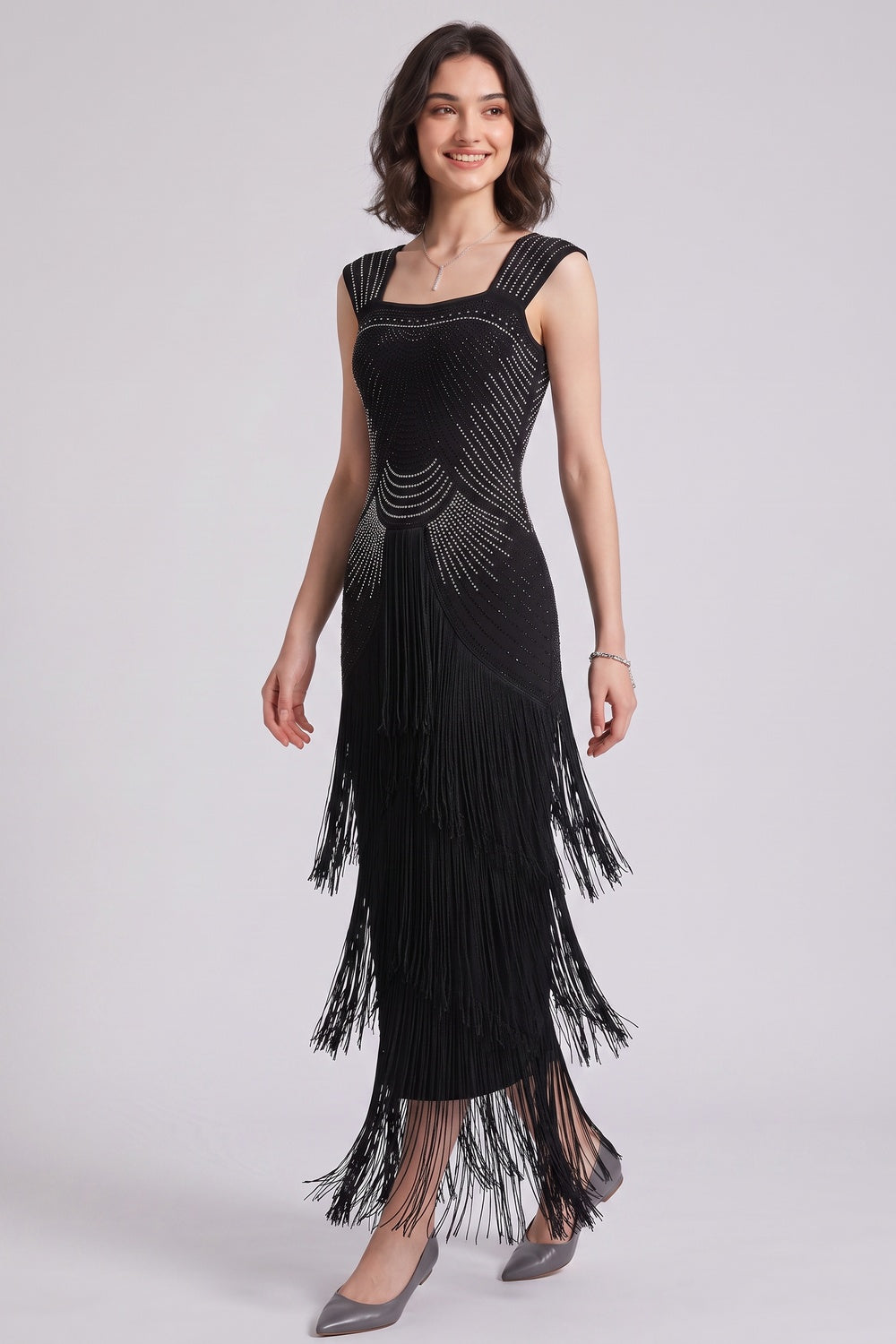 Black Art Deco Beaded Sheath Dress with Tiered Fringe black stretch knit dress - product view 4